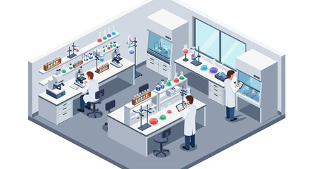 Isometric view of a modern scientific laboratory with scientists at work.