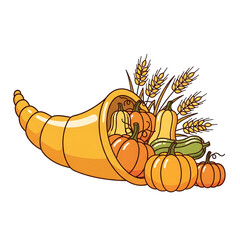 Happy Thanksgiving cornucopia filled with pumpkins and squash, a symbol of harvest and abundance for autumn celebrations