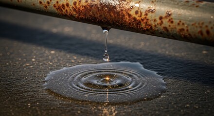 Water droplet falls from rusted pipe creating ripples on wet surface