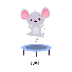 Little Mouse Jump on Trampoline Demonstrating English Verbs for Educational Activity Vector Illustration