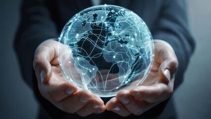 Hands cradle a glowing digital globe, symbolizing global connectivity, technology, and worldwide network, perfect for business and innovation themes