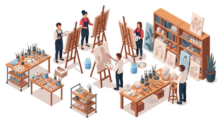 Isometric illustration of an art class in progress.