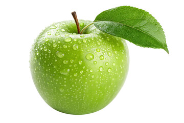 Fresh, vibrant green apple glistening with water droplets and a single leaf, perfect for healthy eating and natural product promotions.
