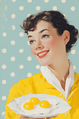 Fresh morning woman with eggs turquoise and yellow vintage french