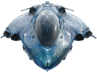 Front view futuristic spaceship with metallic surface, isolated, transparent PNG