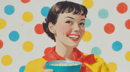 Cheerful vintage woman with colorful polka dots french illustration