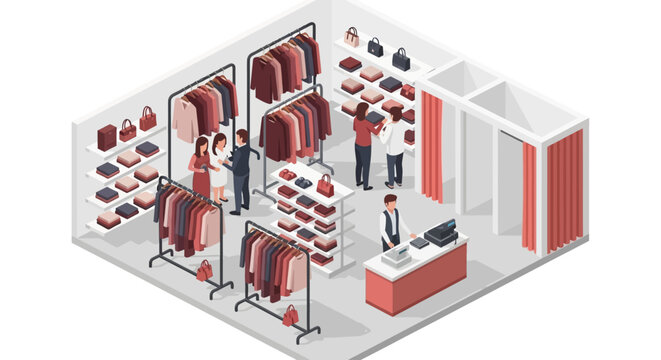 Isometric view of a clothing store interior with customers and staff.