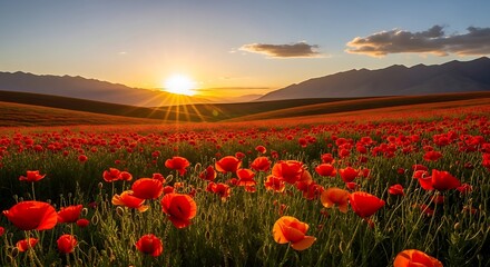 Poppy Field Sunset Landscape.