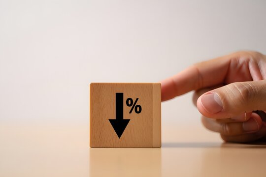 Wooden Block with Downward Arrow and Percent Sign, Hand Pointing
