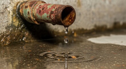 Rusty pipe drips water onto wet ground creating ripples, a symbol of decay and leaks