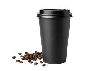 Sleek black coffee cup with scattered roasted beans offers a modern, sophisticated beverage experience for busy professionals.