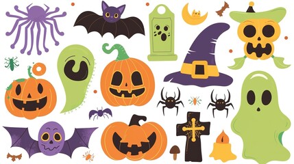 Fototapeta premium Cartoon-Style Halloween Elements Collection: Green Ghost, Witch Hat, Jack-o’-lanterns, Purple Bat, Cute Skull, Festive Flat Colors, White Background