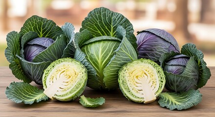 Fresh green and red cabbages on wooden surface.