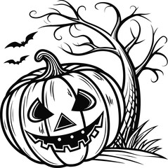 halloween pumpkin  Vector art of a halloween illustration of a carved pumpkin with bats and a spooky tree, perfect for decorations and festive holiday themes