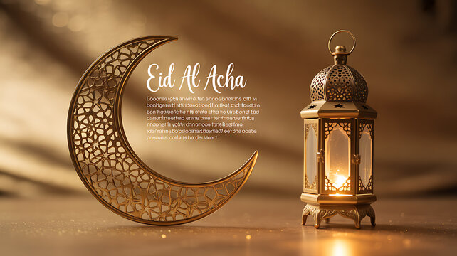 Eid Al Adha celebration with decorative crescent moon and glowing lantern on a warm golden background