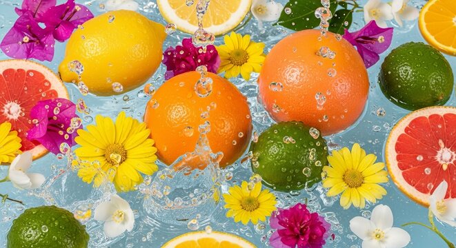 Refreshing citrus fruits and vibrant flowers splash into clear water, creating a lively and invigorating summer scene.