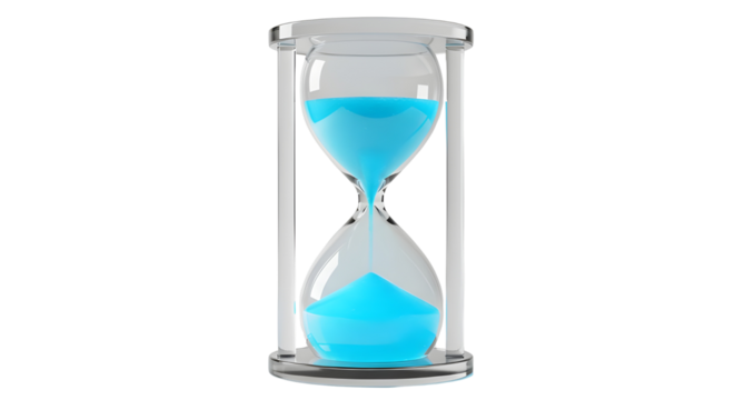 Modern glass hourglass timer with blue liquid symbolizing passing time and urgency concept isolated PNG with Transparent Background