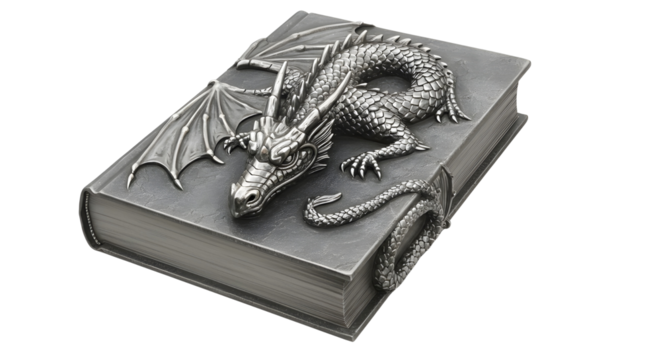 Highly detailed metallic dragon fantasy book cover isolated PNG with Transparent Background