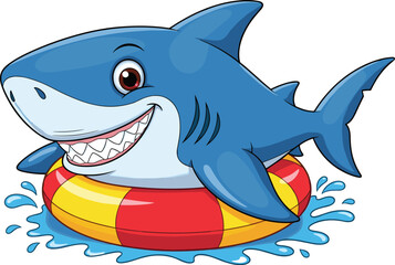 Smiling cartoon blue shark in inflatable swim ring, playful water splashes, fun summer aquatic character, cheerful marine animal, vector illustration for kids