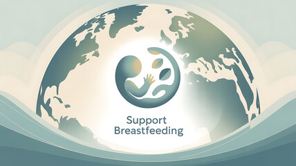 Global illustration promoting breastfeeding support with a mother and child symbol over a world map