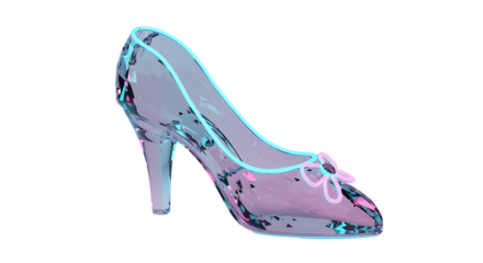 Fantasy Glass Slipper High Heel Shoe with Neon Blue Outlines and Pink Floral Embellishment isolated PNG with Transparent Background