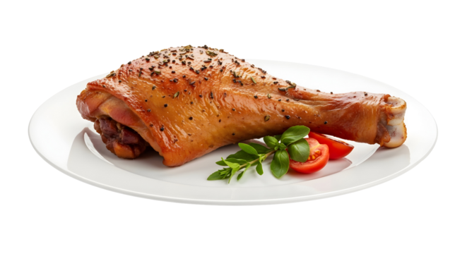 Savory Roasted Turkey Leg on a White Plate with Fresh Garnish