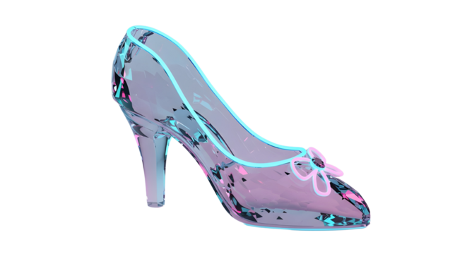Stylized transparent glass high heel slipper shoe with glowing neon cyberpunk outline. isolated PNG with Transparent Background