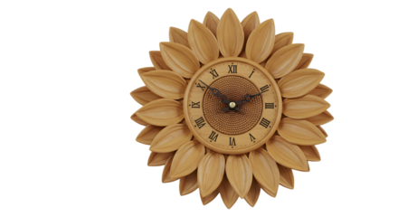 Wooden Sunflower Shaped Wall Clock with Roman Numerals Product Shot isolated PNG with Transparent Background