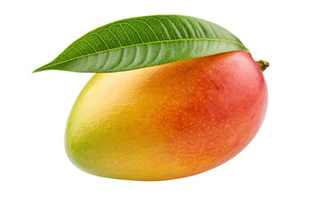 Vibrant ripe mango with a fresh green leaf, a delicious tropical fruit perfect for healthy eating and vibrant recipes