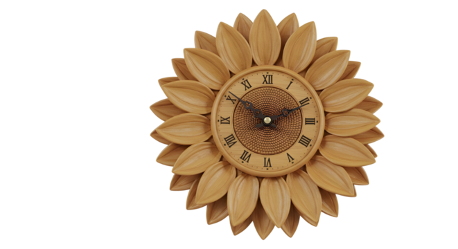 Decorative wooden sunflower wall clock with Roman numerals for home decor isolated PNG with Transparent Background