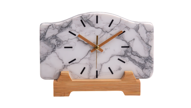 White Marble Clock with Gold Accents on Wooden Stand