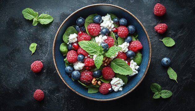 Bowl with fresh salad of raspberries, blueberries, spinach, and soft cheese. Perfect for healthy eating campaign or a delicious recipe illustration.