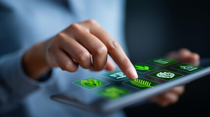A professional optimizes a green supply chain on a digital interface, hyper-realistic eco icons with vivid details, moody shadows on a screen, bright saturation in sustainability v