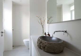 Fototapeta premium A modern, minimalist bathroom featuring a unique stone vessel sink, chrome faucet, and white walls, with a toilet visible in the background.