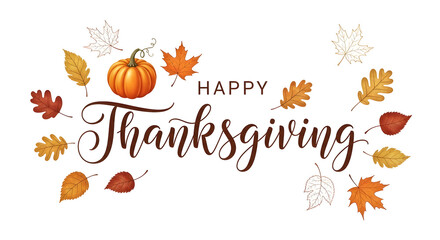 Happy Thanksgiving with Autumn Leaves and Pumpkin Illustration