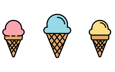 Three ice cream cones with different colored scoops.