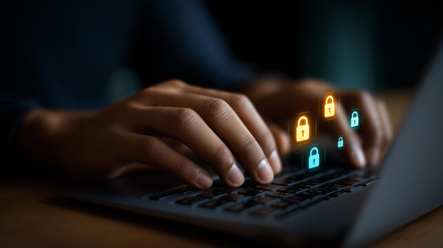 A person types on a laptop with digital cybersecurity icons like SSL and cloud protection, hyper-realistic visuals with clear details, moody shadows on a keyboard, bright saturatio
