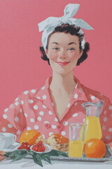 Pink polka dots woman cooking vintage french domestic art portrait