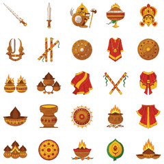 Vibrant flat 2D vector illustration showcases a set of traditional Navratri religious icons, featuring a ceremonial sword and shield, all presented cleanly on a plain white background.