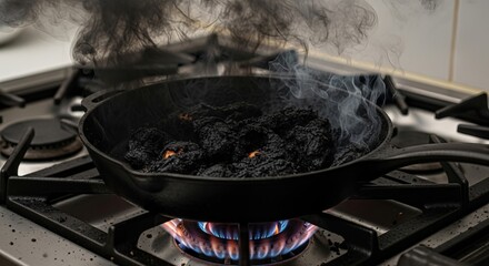 Burnt food smoking in cast iron pan on gas stove, cooking disaster