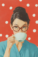 Intellectual woman glasses coffee red polka dots vintage french cafe