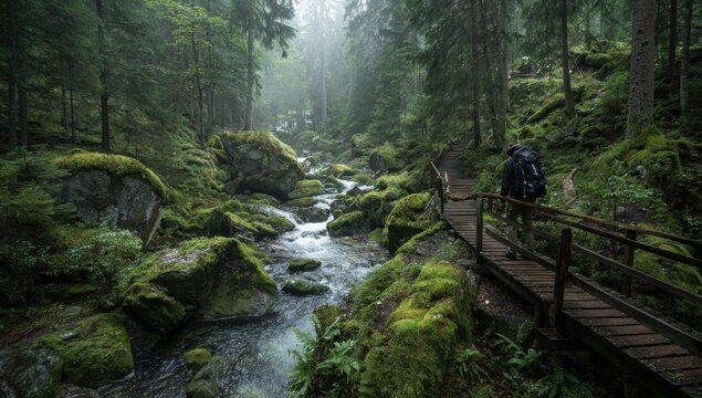 Misty forest creek path. A hiker walks a wooden bridge across a mossy stream in a dense, misty forest
