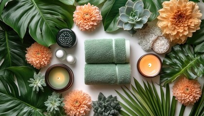 Flat lay of candles, green towels, flowers, and monstera leaves on white. Use for spa, wellness, beauty, relaxation, or natural product advertising.