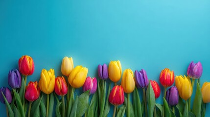 Colorful Tulips on a Bright Blue Background for Spring Vibes