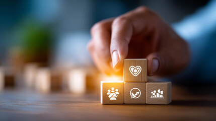A hand arranges wooden blocks with teamwork and partnership icons, hyper-realistic symbols with clear textures, moody shadows on a table, bright saturation in collaboration visuals