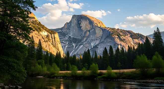 Half Dome Vista - Yosemites Majestic Granite Peak and Serene River.