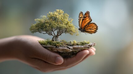 Hand Holding Miniature Tree with Butterfly in Soft Natural Light