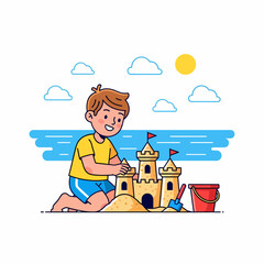 Cartoon Boy Building a Detailed Sandcastle with Bucket and Shovel on the Beach.