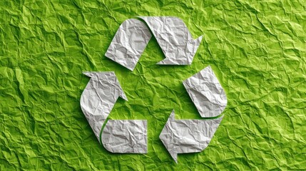 Crumpled Paper Recycling Symbol on Green Textured Background