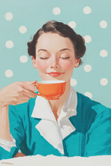 Monochromatic turquoise woman tea harmony vintage french illustration